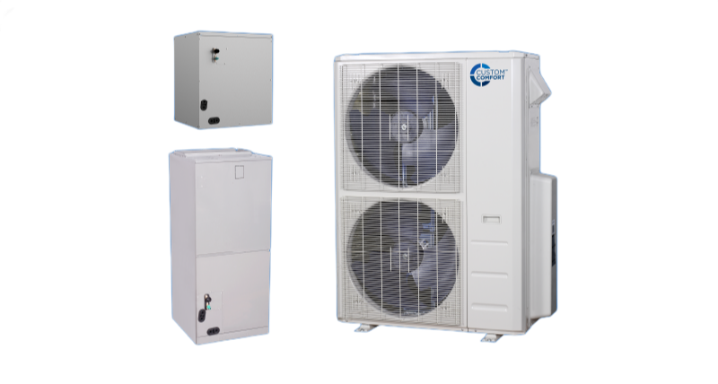 White wall-mounted HVAC units and a larger outdoor condenser with dual fans on a white background