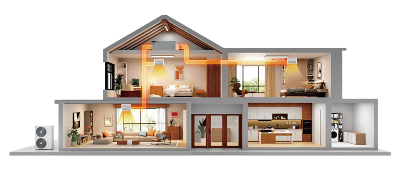 Cutaway of a modern two-story house interior with furnished rooms and visible floor plan.
