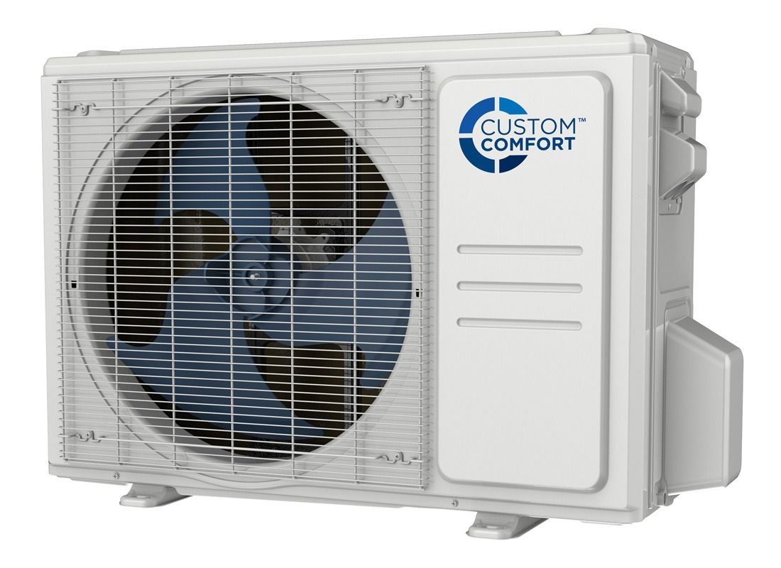 White Custom Comfort outdoor air conditioner condenser unit with large fan grille