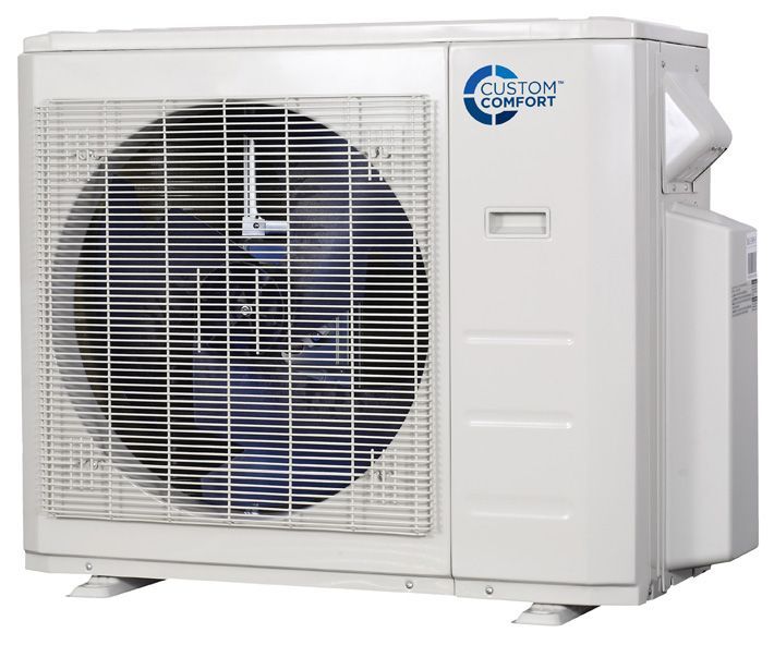 A white, rectangular outdoor HVAC condenser unit with a large circular fan grille and Custom Comfort branding.
