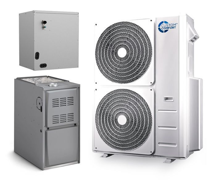 A gray HVAC system featuring an outdoor heat pump unit, an indoor furnace, and an evaporator coil assembly.