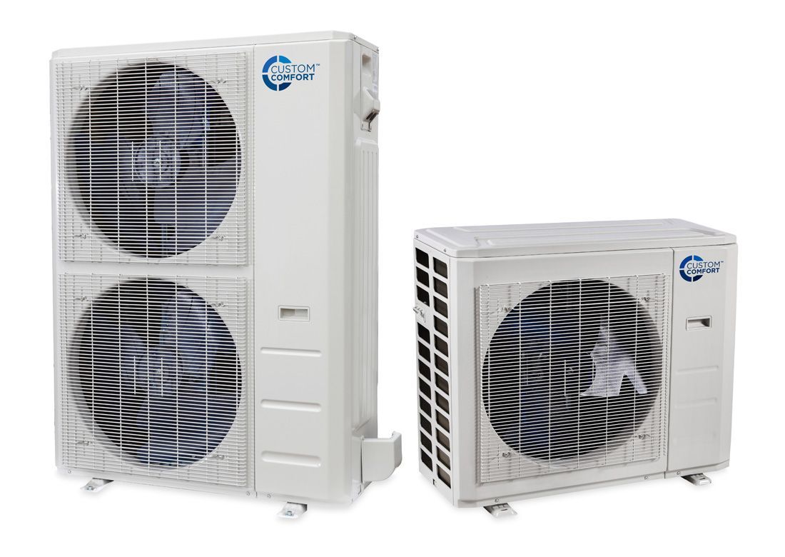Two white outdoor HVAC condenser units, one tall with dual fans and one smaller with a single fan, against a white background.