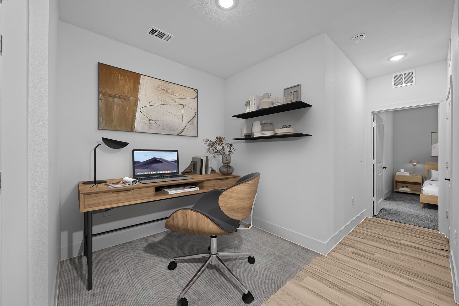 An artist 's impression of a home office with a desk and chair.
