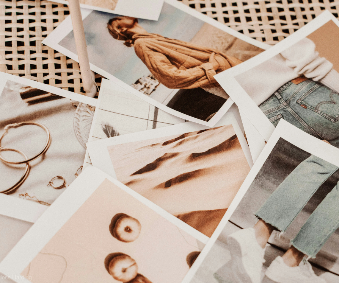 A pile of photos of a woman sitting on a chair.