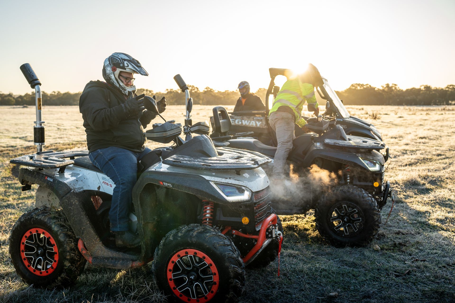 Utv Vehicle Driving on A Dirt Road, Kicking up Dust — Whitsunday Mowers In Proserpine, QLD
