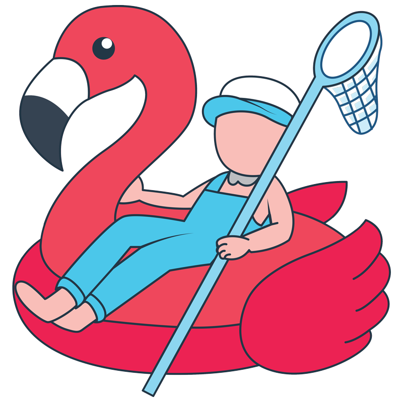Person in blue overalls lounging on a pink flamingo pool float, holding a net.