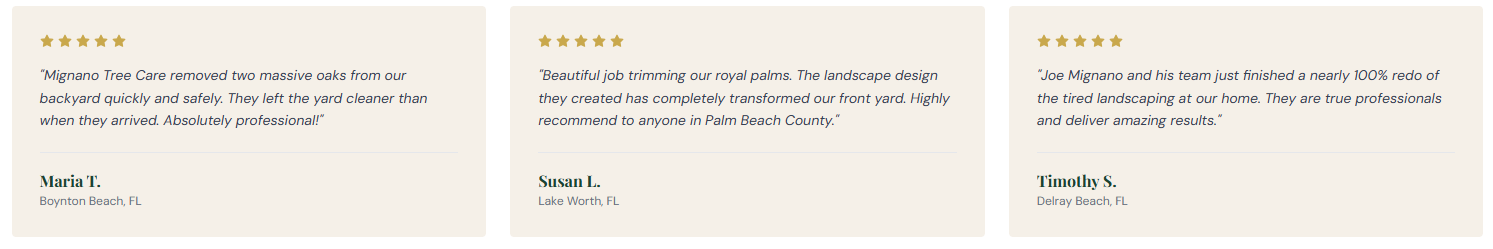Satisfied customer review for Mignano Landscape and Tree Care in Boynton Beach, Florida
