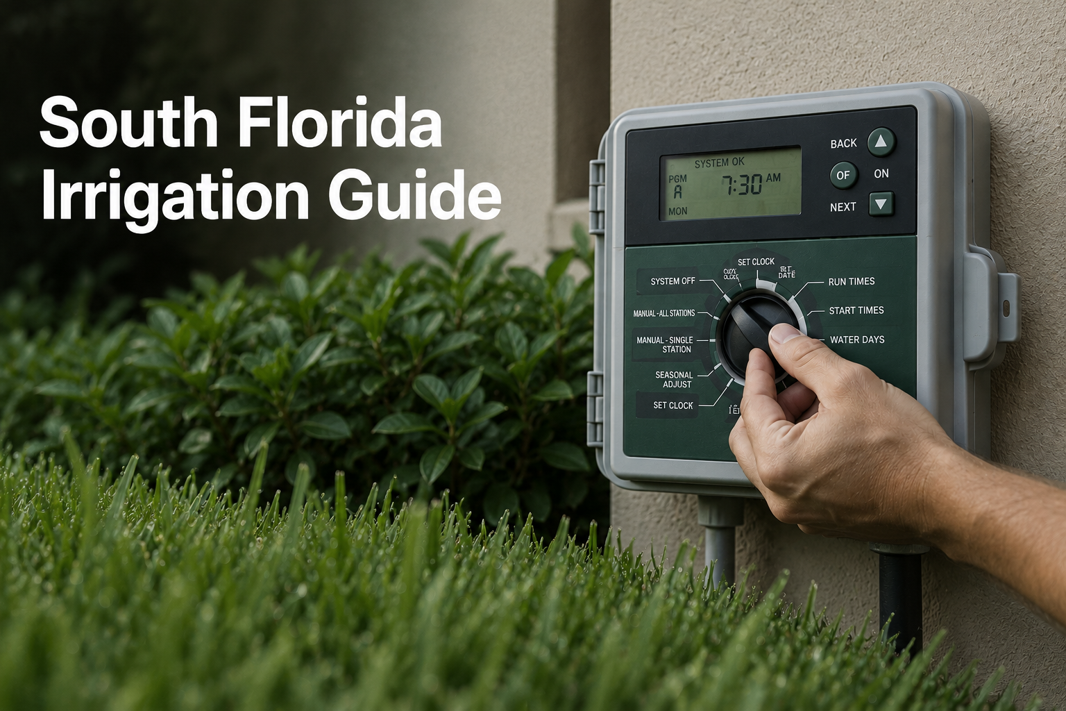 Technician adjusting irrigation controller for Boynton Beach sprinkler system