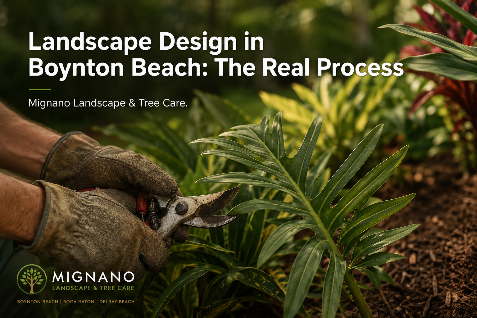 Boynton Beach landscape design article cover with gloved hands and foliage