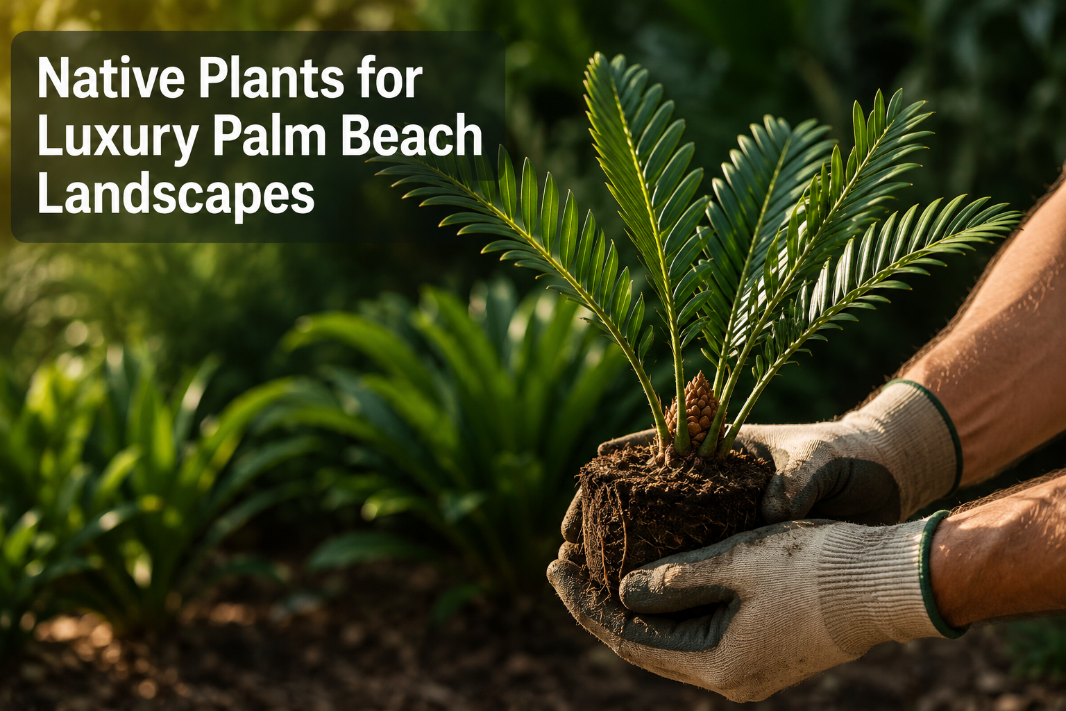 Hands holding a native Florida plant for luxury Palm Beach County landscape installation
