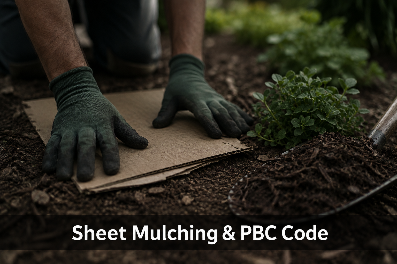 Gloved hands laying sheet mulching material in a Palm Beach County landscape bed