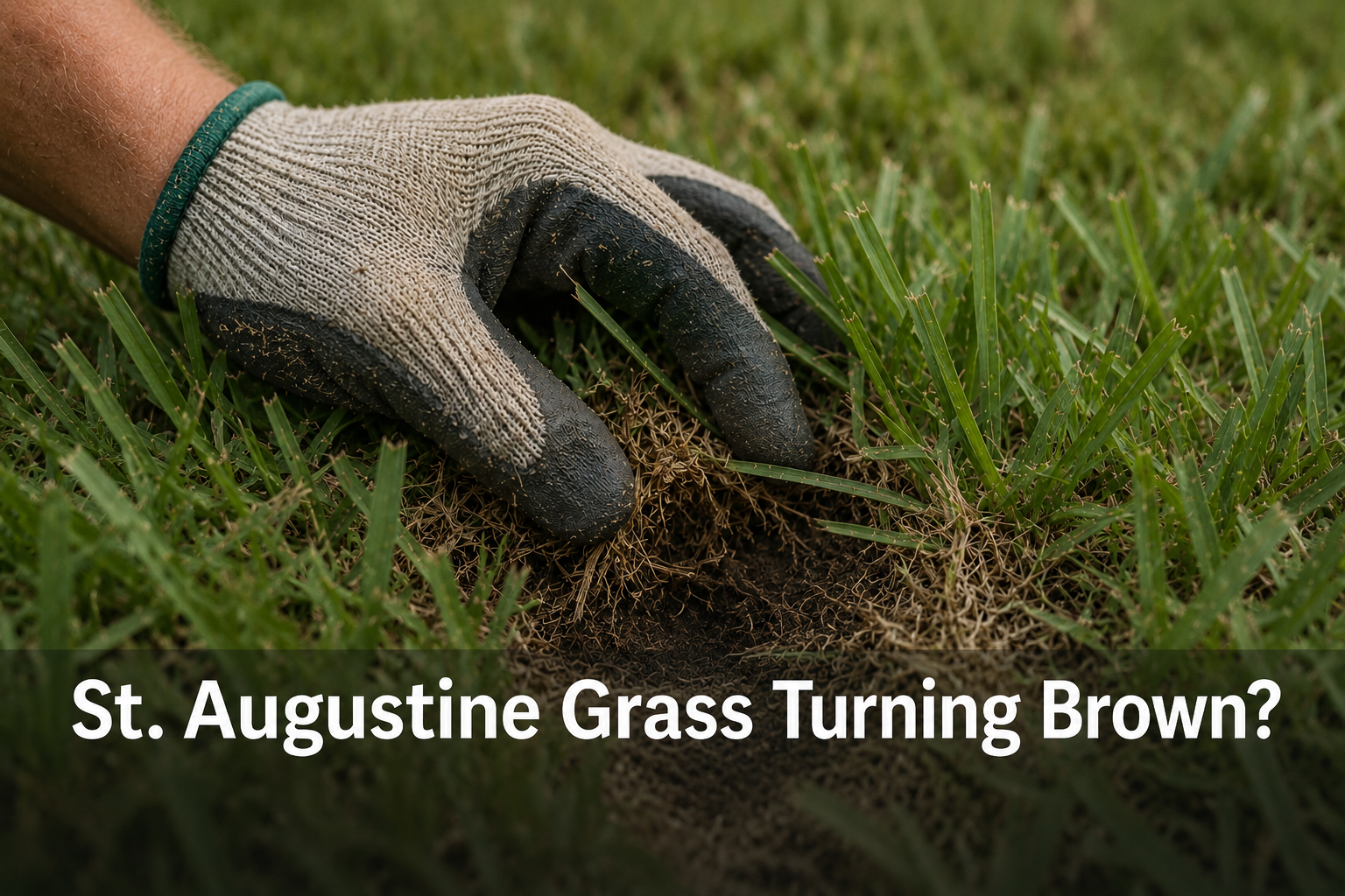 Close-up of hand inspecting brown St. Augustine grass in South Florida lawn