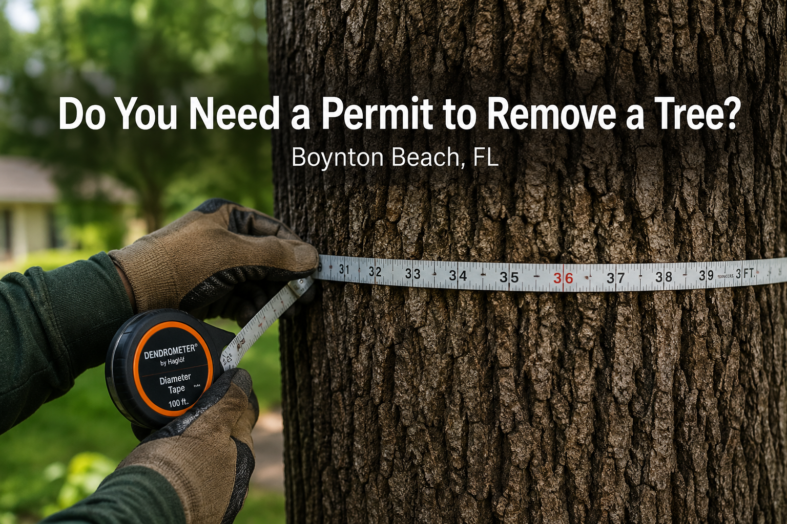 Hands measuring tree trunk diameter for Boynton Beach removal permit assessment