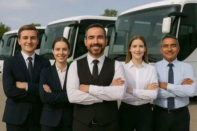 Cinco pessoas de terno estão de pé em frente a uma fileira de ônibus brancos, de braços cruzados, sorrindo.