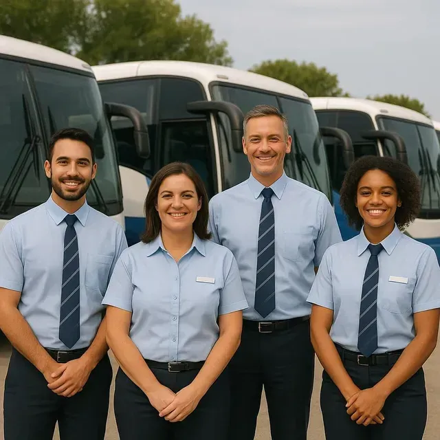 Quatro funcionários uniformizados em azul estão em frente aos ônibus, sorrindo.