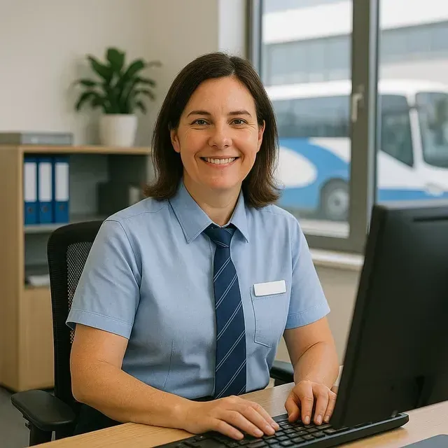 Uma mulher de uniforme azul sorri enquanto digita em uma mesa de computador. Um ônibus é visível do lado de fora da janela.