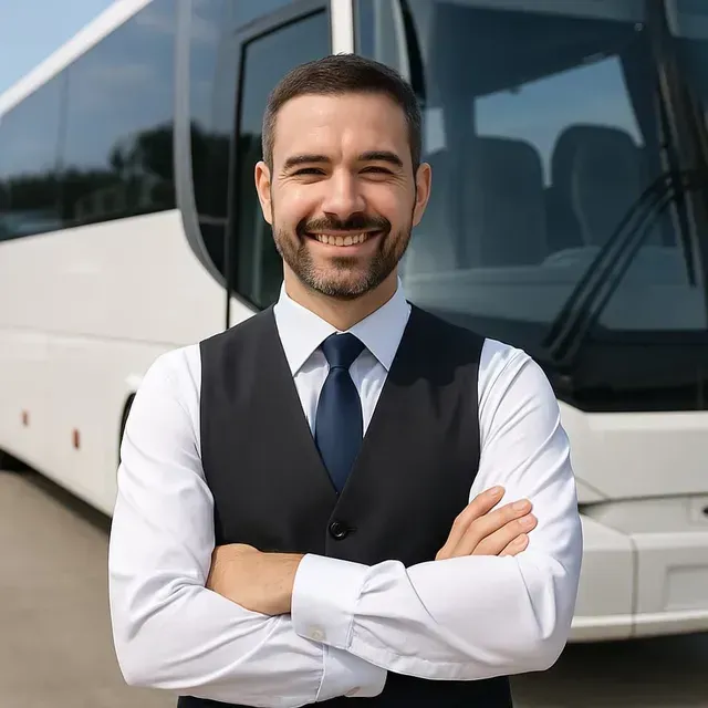 Homem em traje formal sorri com os braços cruzados em frente a um ônibus branco.