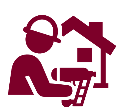 A red icon of a man working on a house.