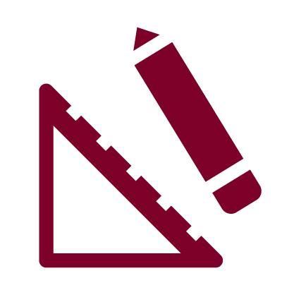 A red icon of a ruler and pencil on a white background.