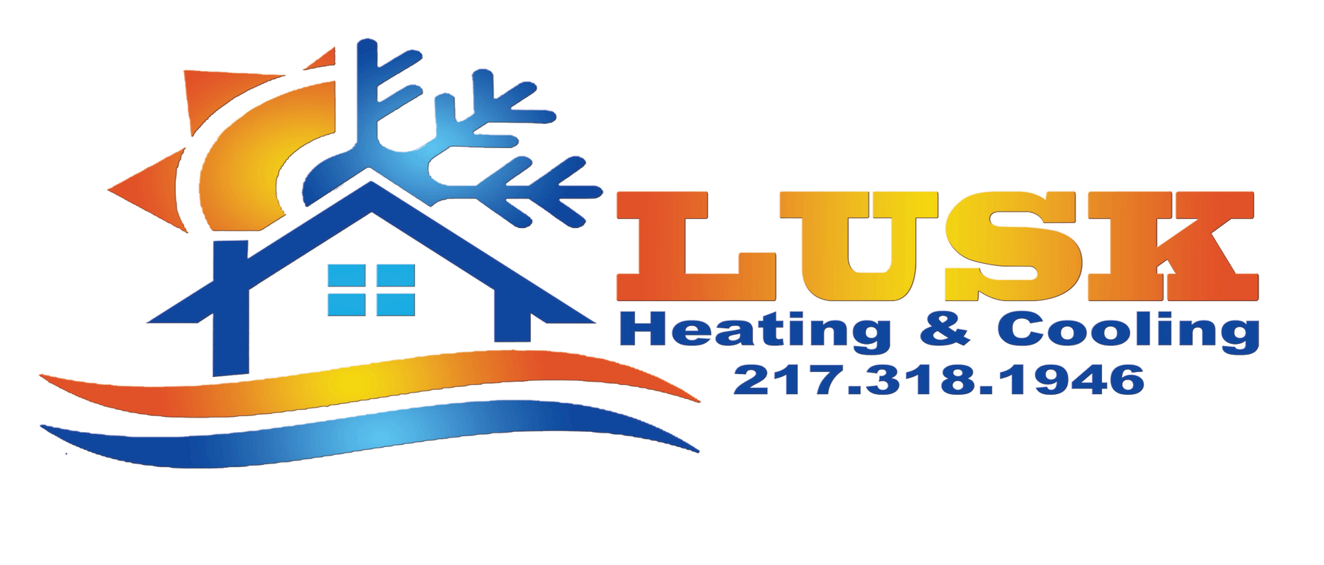 The logo for lusk heating and cooling has a house and a snowflake on it.