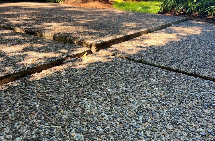 Cracked concrete walkway with deep gaps; outside, sunny.