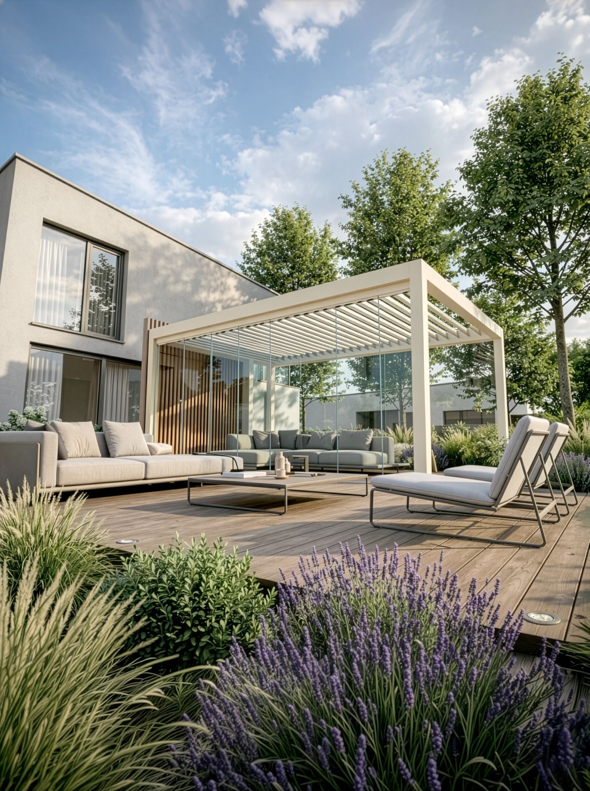 Un moderno ampliamento di un edificio con pareti in vetro, pilastri in mattoni, pavimento piastrellato e posti a sedere all'aperto.