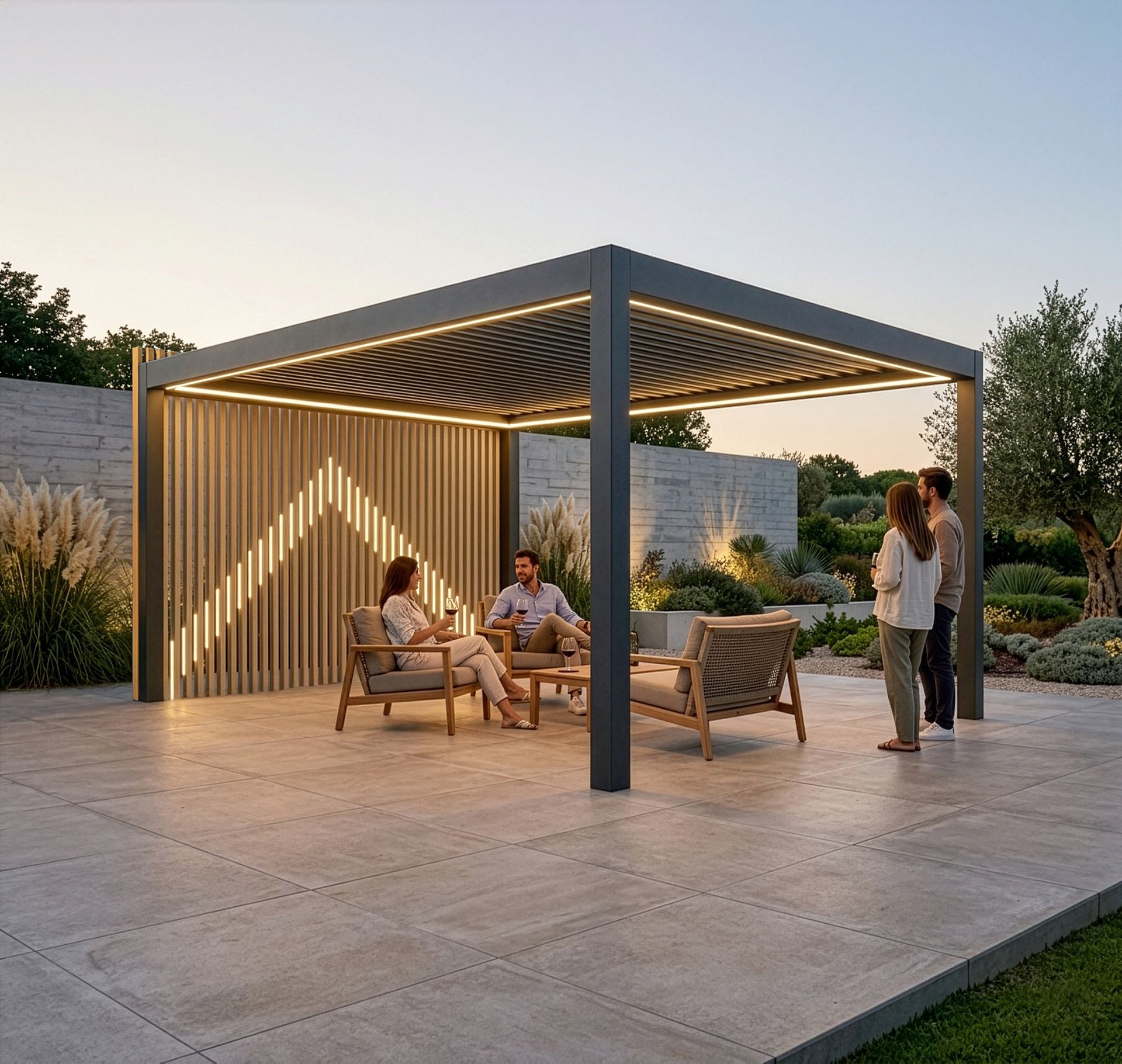 Ristorante con pareti in vetro, posti a sedere all'aperto con ombrellone, patio in pietra ed edifici sullo sfondo in una giornata di sole.