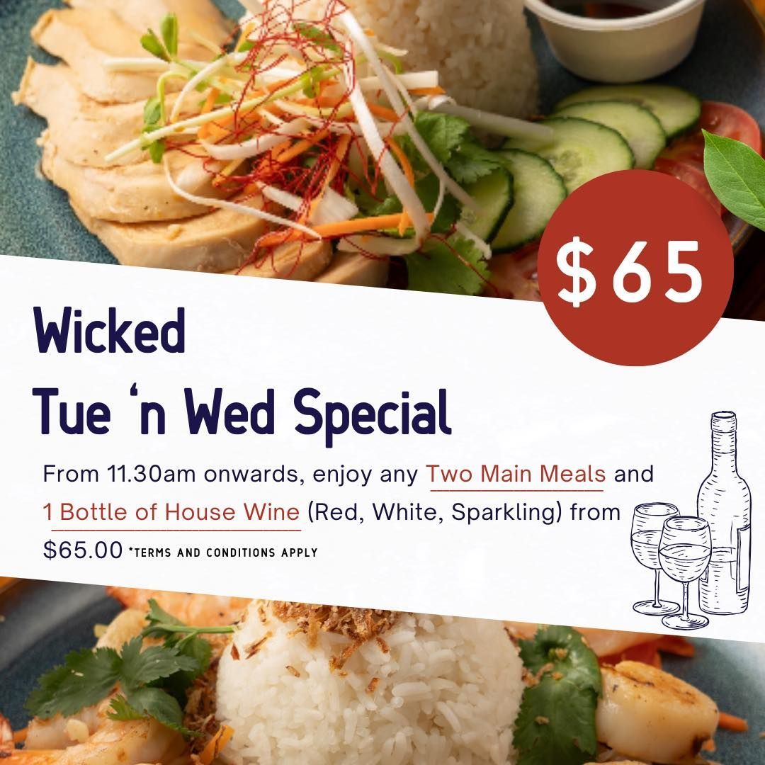 An Advertisement for A Wicked Tue 'n Wed Special for $ 65 — Chop ‘n Chill Raby Bay in Cleveland, QLD