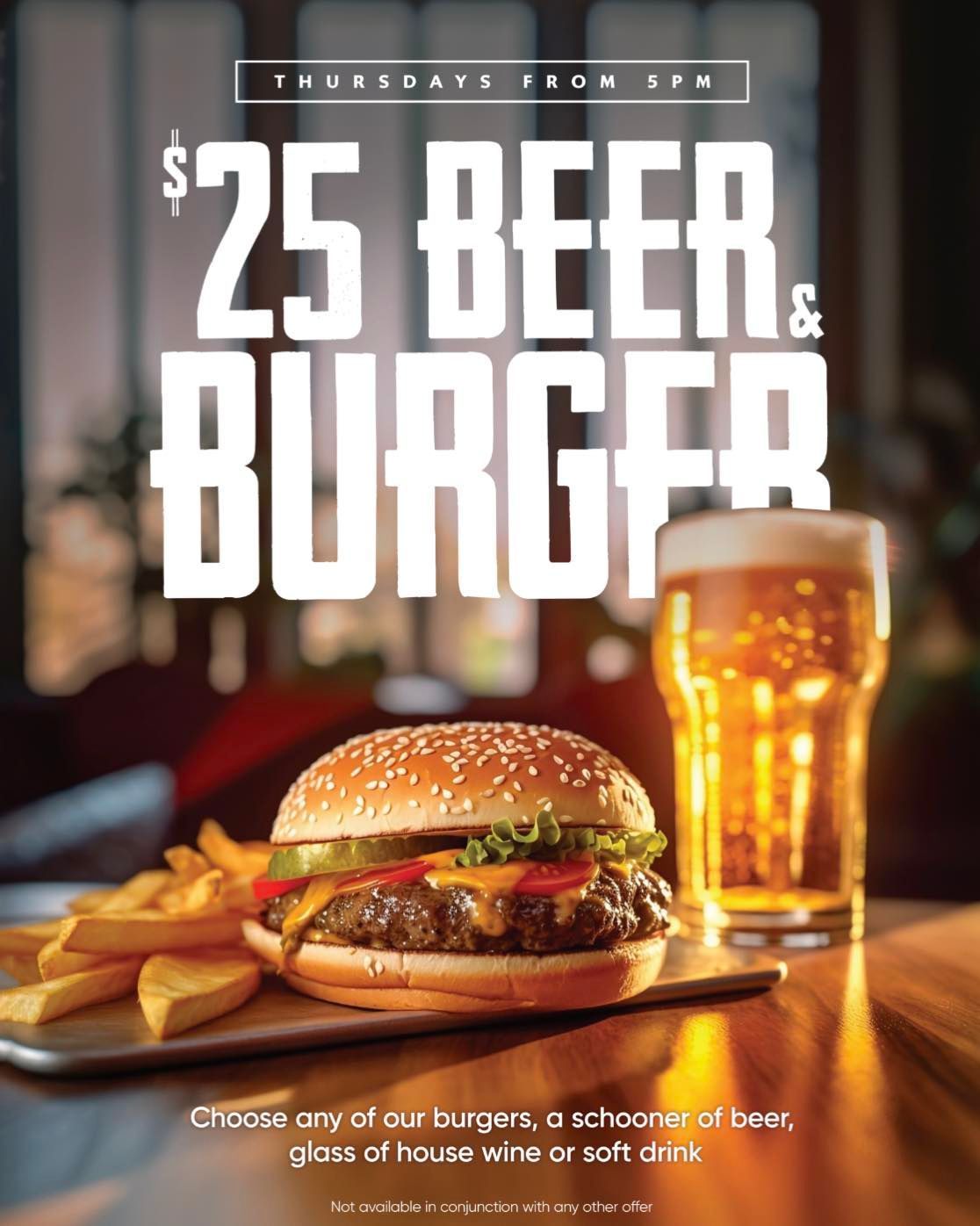 A Hamburger with French Fries and A Glass of Beer on A Table — Chop ‘n Chill Raby Bay in Cleveland, QLD