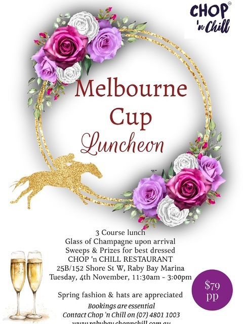 An advertisement for a special Melbourne Cup three-course lunch for $79 per person.