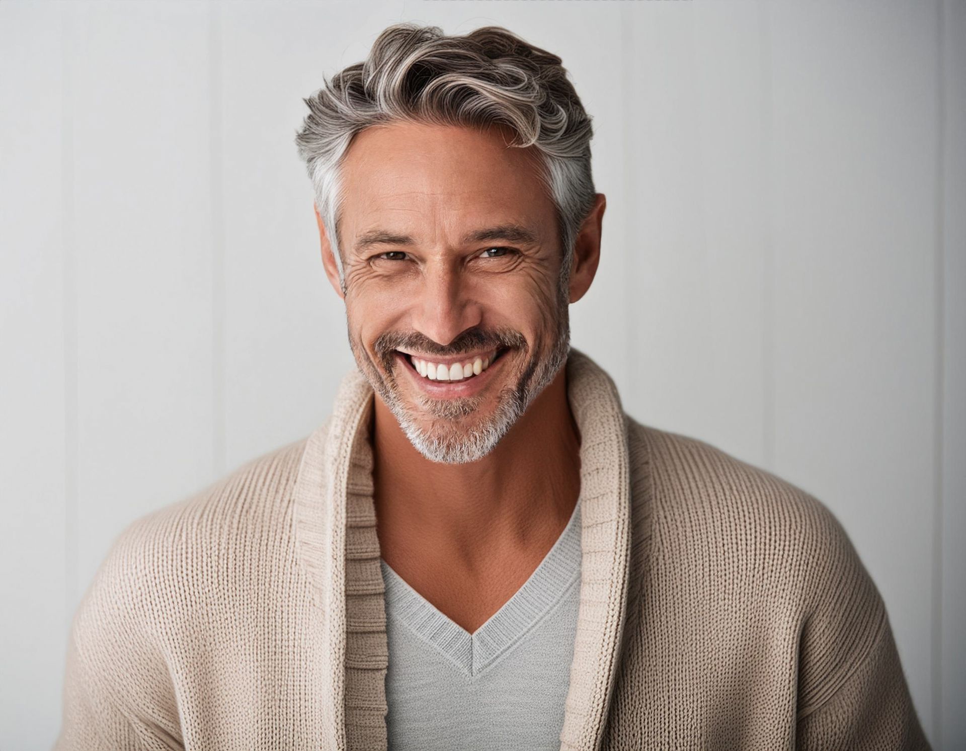 A man with gray hair and a beard is wearing a sweater and smiling.