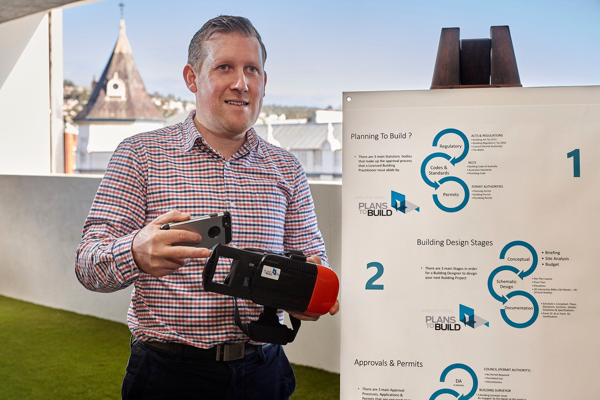 Leigh, Plans to Build's Founder, with VR Goggles