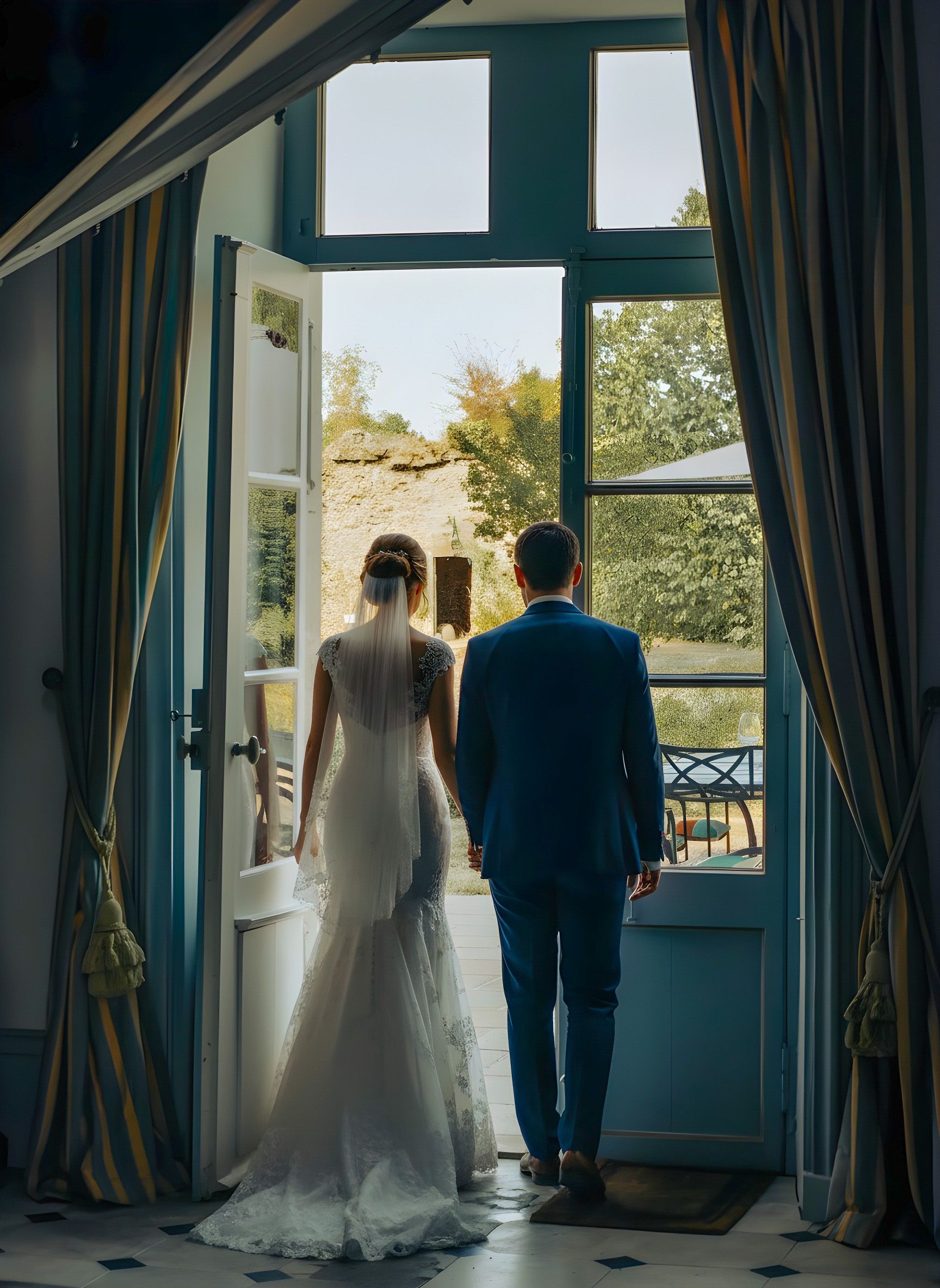 Bride and groom in wedding attire, walking through a doorway, overlooking a garden.