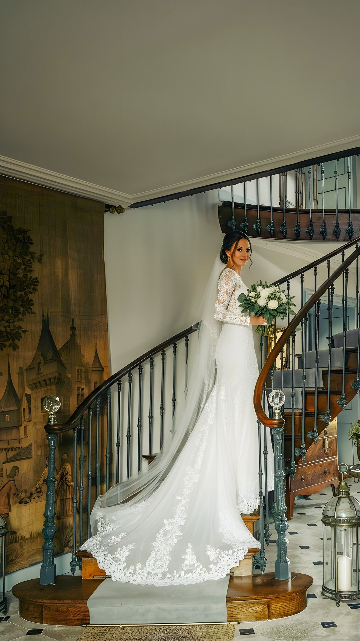 Bride in lace gown, holding bouquet, descends a grand staircase with a long veil.