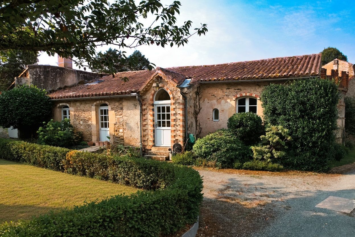 Stone house with a red tile roof, white doors, and a well-manicured lawn.