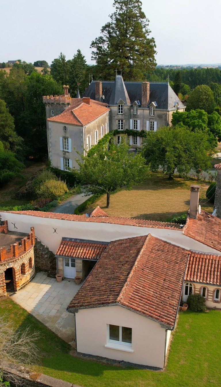 A large stone chateau with red tile roofs sits in a green, tree-filled landscape.