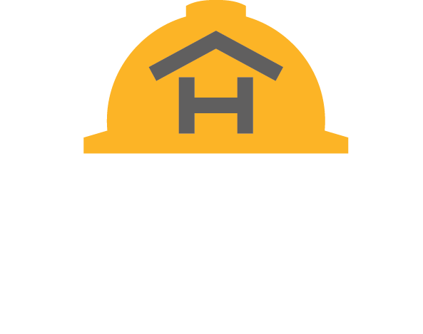 The logo for hard hat housing shows a hard hat with a house in the shape of an H on it.