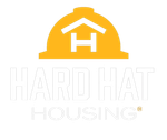 The logo for hard hat housing shows a hard hat with a house in the shape of an H on it.