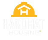 The logo for hard hat housing shows a hard hat with a house in the shape of an H on it.