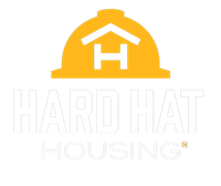 The logo for hard hat housing shows a hard hat with a house in the shape of an H on it.