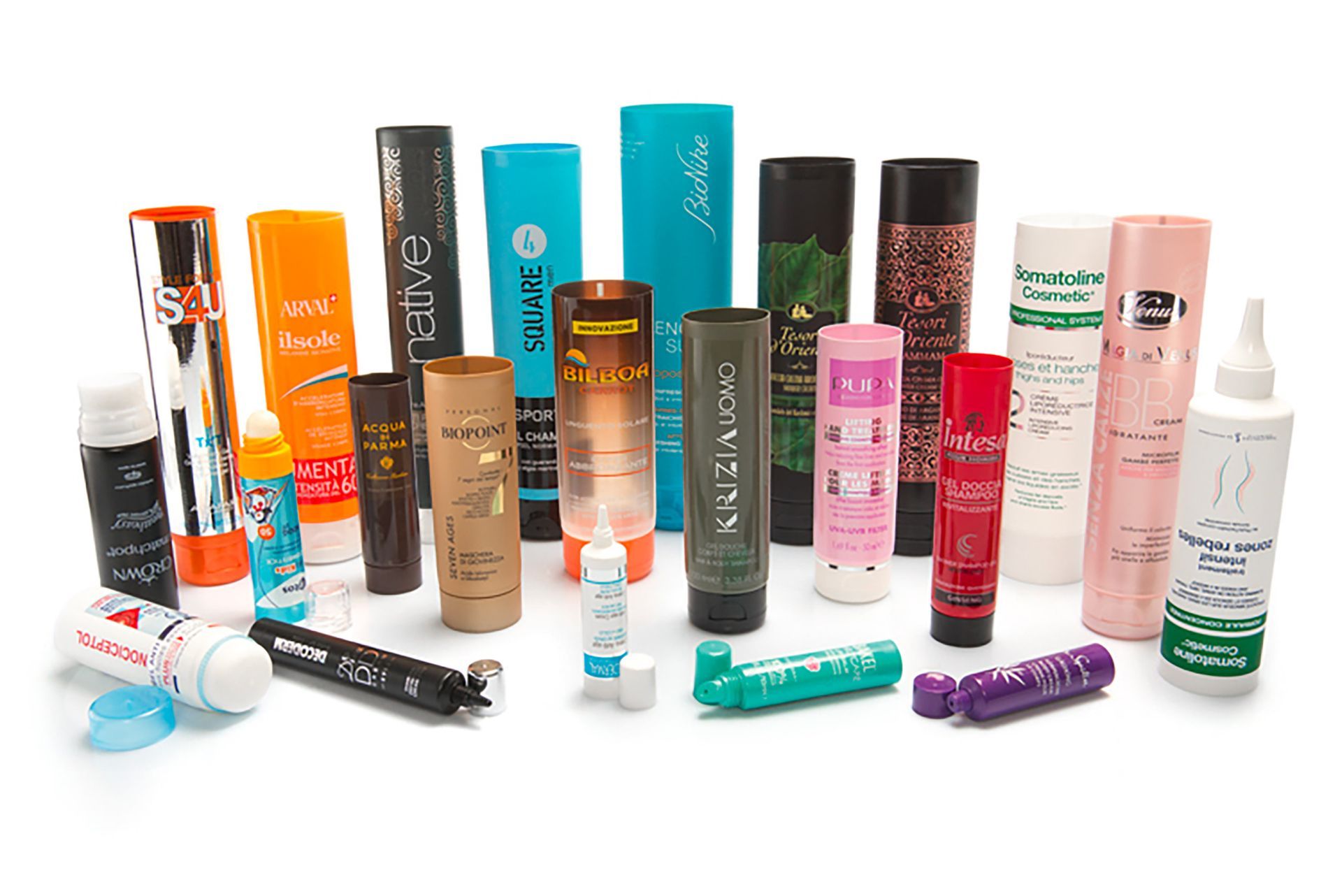 tubetti in polietilene colorati di diverse marche per il settore della cosmetica