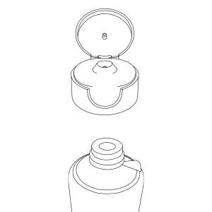 Un disegno in bianco e nero di un tubetto in polietilene con chiusura flip top