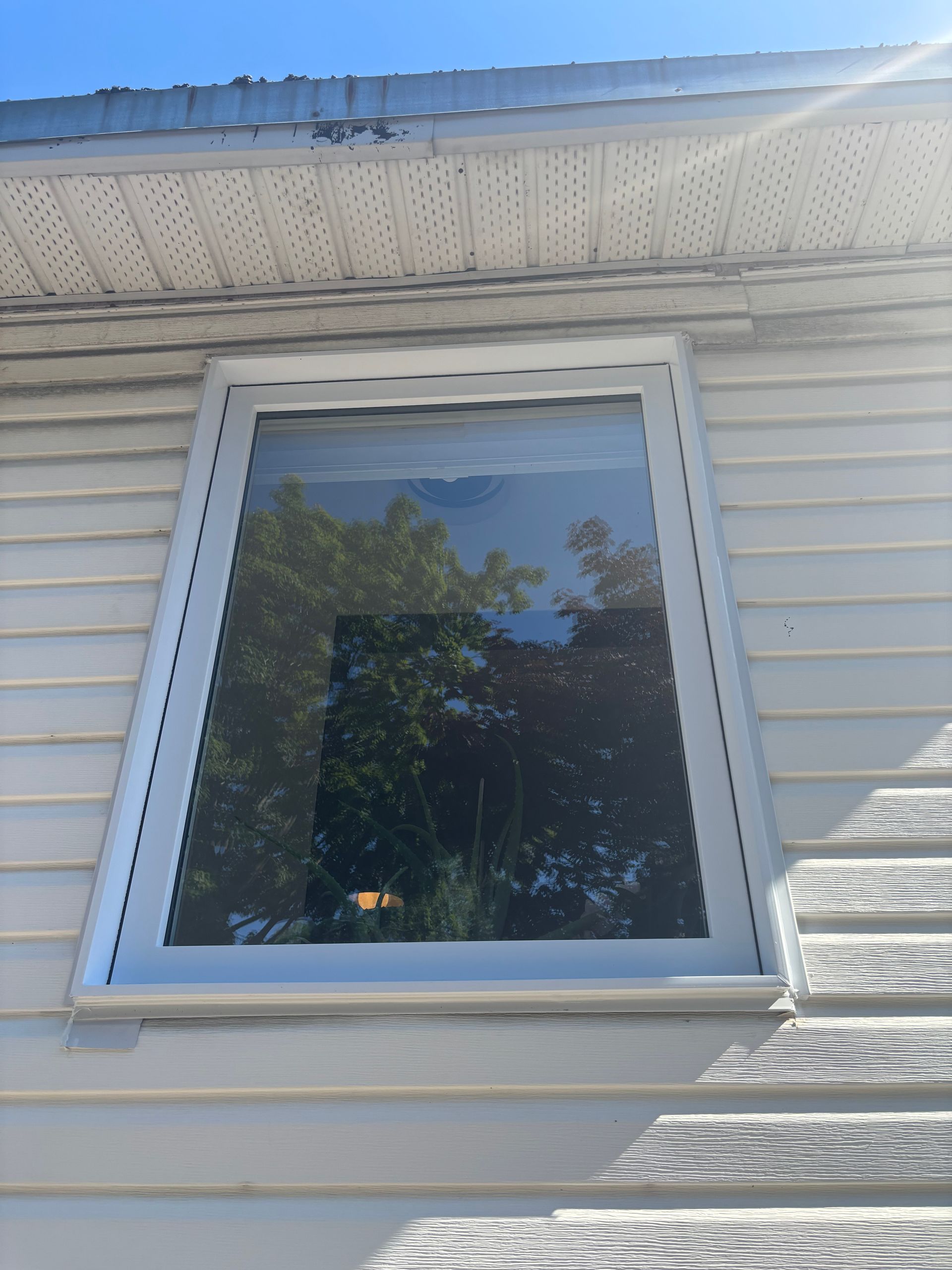 Une fenêtre encadrée d'argent sur un bâtiment aux façades blanches. Reflet des arbres et du ciel. Lumière vive du soleil.