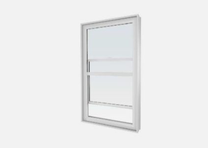 Fenêtre à guillotine verticale blanche à trois vantaux. Les vantaux supérieur et inférieur sont fixes, tandis que le vantail central coulisse.