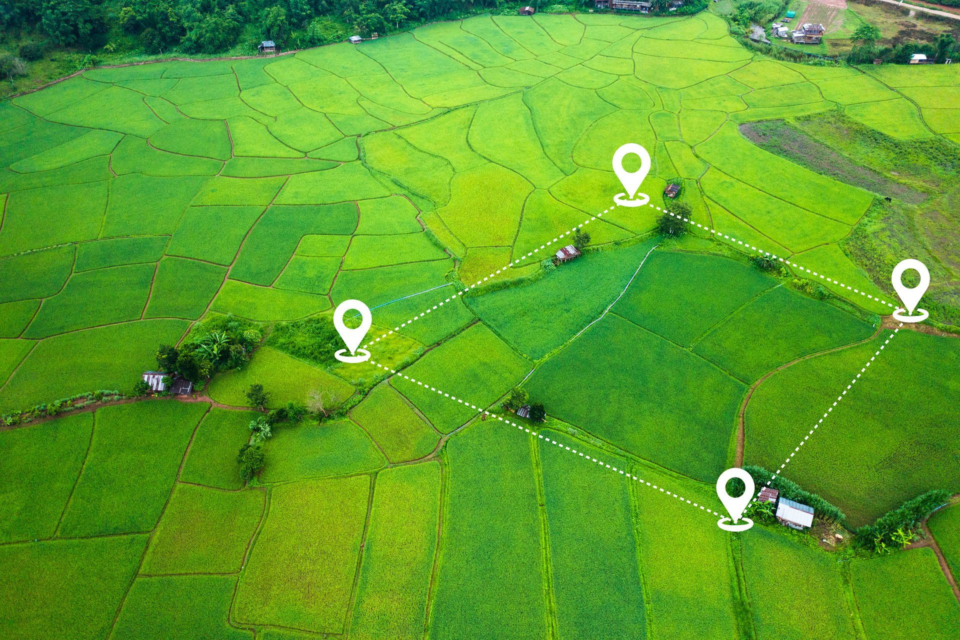 Aerial view of agricultural land and positioning point area.