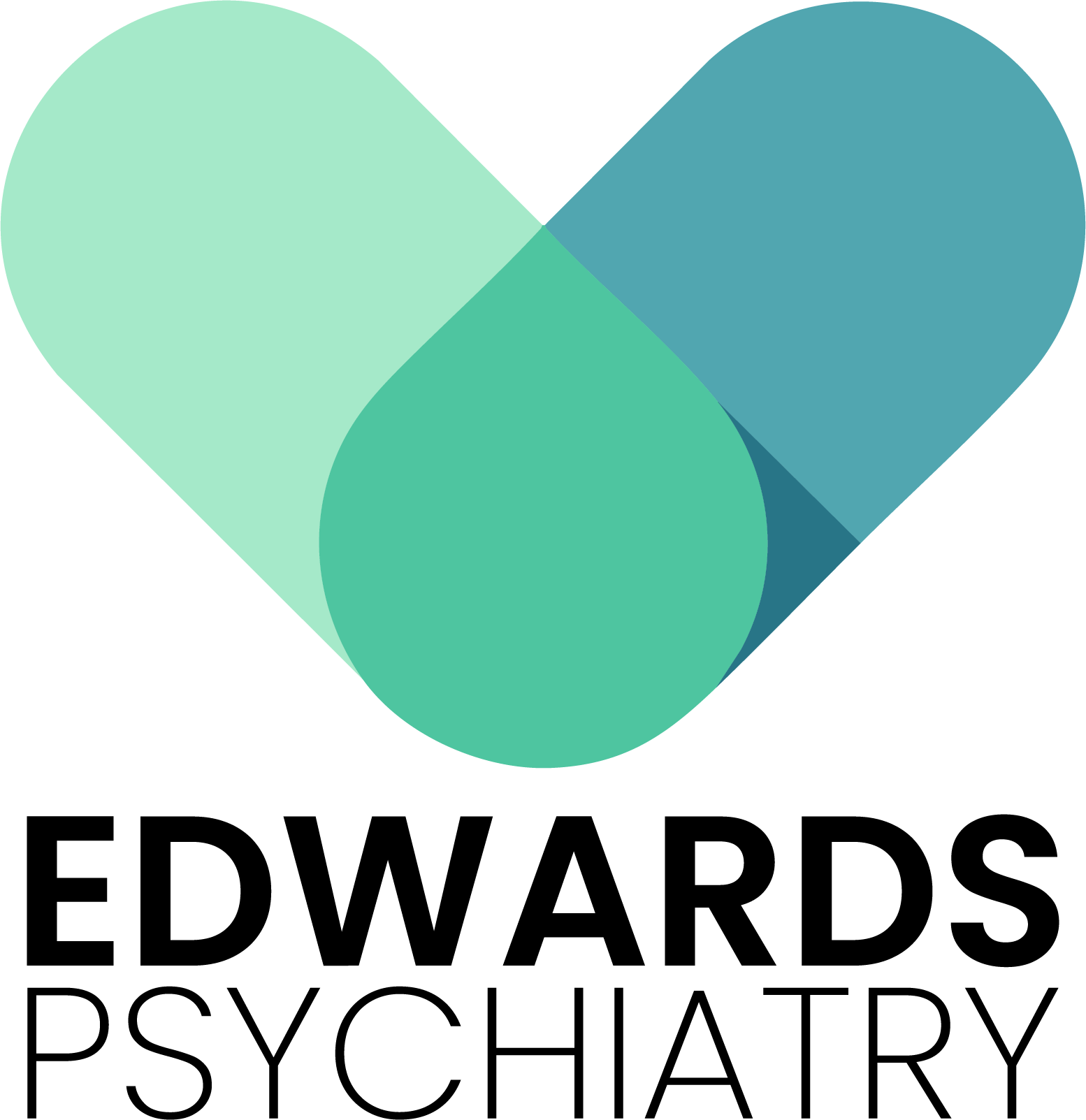 Logo for Edwards Psychiatry: Teal heart made of two capsule shapes, text below.
