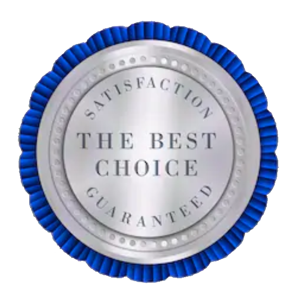 a satisfaction the best choice guaranteed seal with blue ribbon