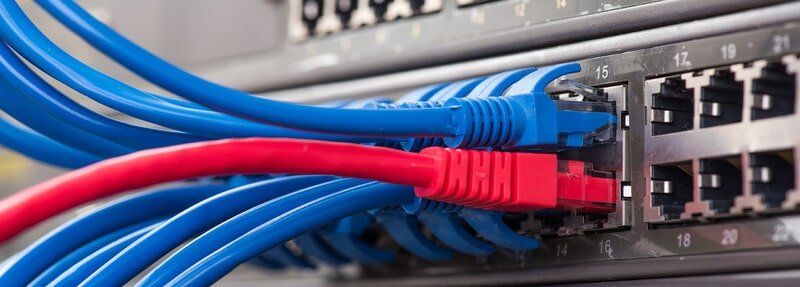 A bunch of blue and red cables are connected to a server - Electrician in Emerald | All Saints Electrical