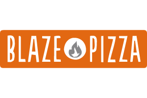The logo for blaze pizza is orange and white and has a flame on it.
