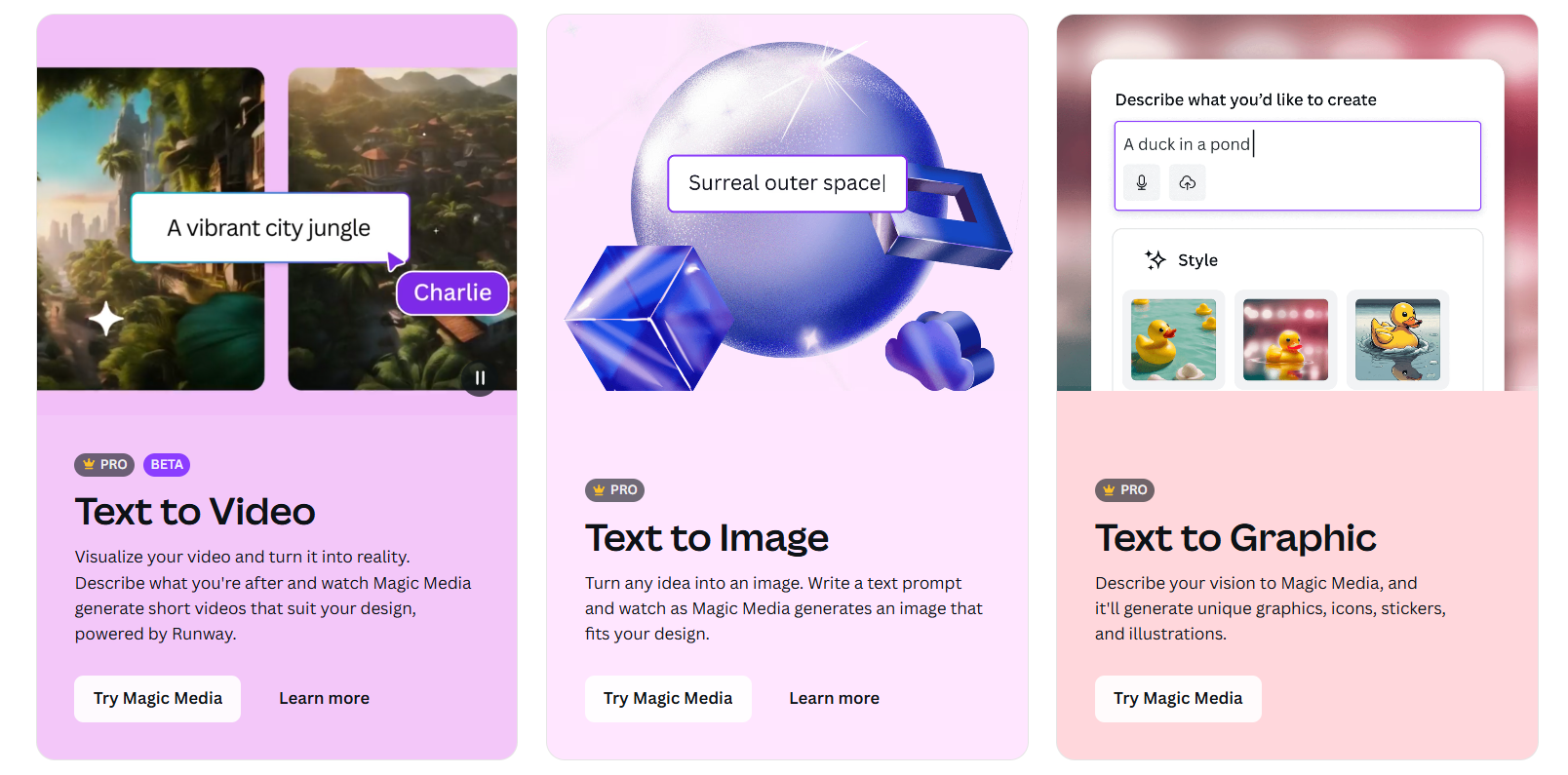 Screenshots of text-to-video, image, and graphic applications with text boxes and samples, in shades of pink, purple, and white.
